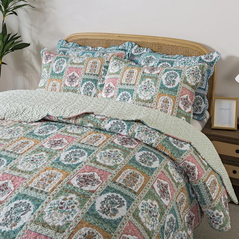 HoneiLife Quilt Sets King Size - 3 Pieces Microfiber Quilt Floral Bedspreads Lightweight Coverlets Retro Bed Cover King Quilt Bedding Set All Season Quilts