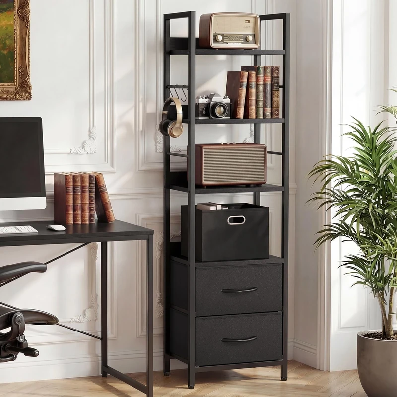 YITAHOME Industrial Bookshelf, 4-Tier Bookcase with Adjustable Shelves & 2 Fabric Drawers, Freestanding Display Shelf with Metal Frame for Living Room, Bedroom, Office, Black