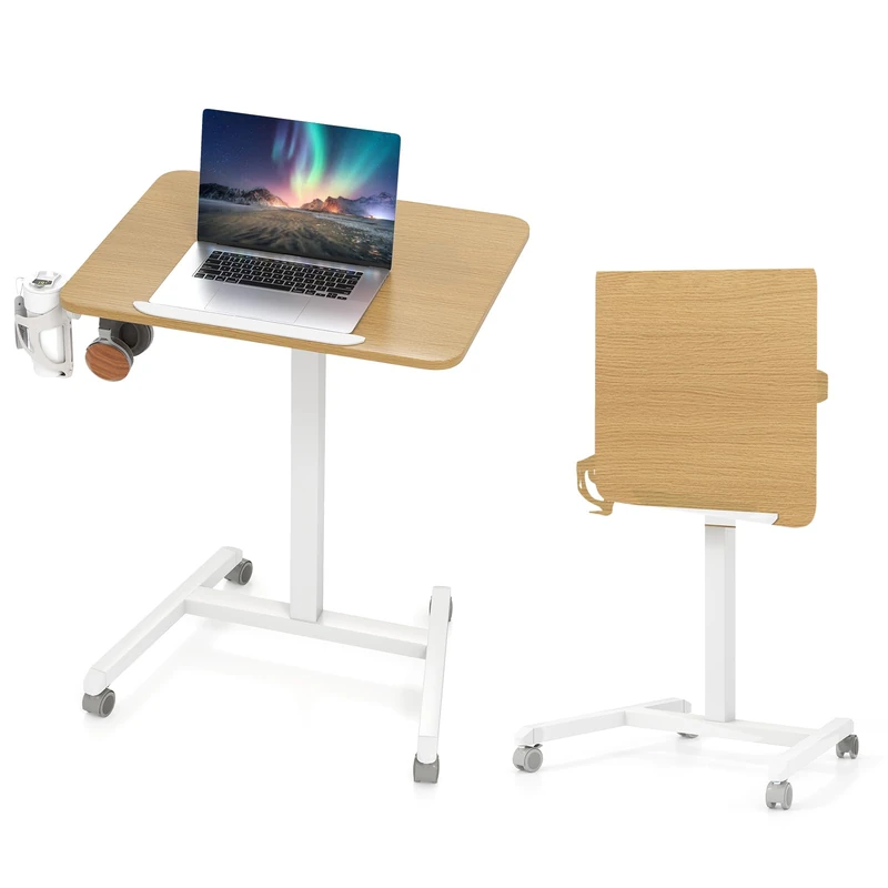 CASART Mobile Laptop Table, Height Adjustable Standing Desk with 90° Tiltable Tabletop, Cup Holder & Hook, Folding Overbed Table Computer Workstation for Living Room Bedroom (60 x 48 x 77-112cm)