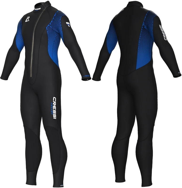CRESSI since 1946 Velvet Man-3mm Ultra Stretch Double-Lined Neoprene One-Piece Wetsuit with Diagonal Front Zipper for Easy Dressing and Undressing-Black/Blue-2XL/6