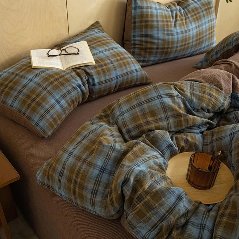 100% Cotton Muslin Duvet Cover King Vintage Blue&Brown Plaid Duvet Cover with 2 Pillowcases Linen Like Textured Breathable Gauze Comforter Cover Farmhouse Grid Checkered Gingham Bedding Set King