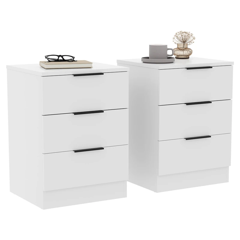 Vida Designs Trega 3 Drawer Bedside Cabinets Set of 2 White - Compact Space-Saving Nightstands - 50H x 39W x 28D cm - Engineered Wood - Glide Drawers, Black Handles - Ideal for Bedroom & Guest Room