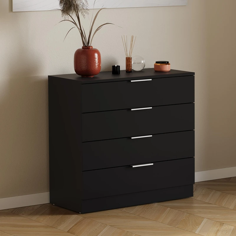 Vida Designs Trega 4 Drawer Chest of Drawers Black - Compact Space-Saving Bedroom Storage Unit - 74Hx66Wx36Dcm - Anti-Bowing Support, Modern Silver Handles, Glide Runners - Ideal for Bedroom & Nursery