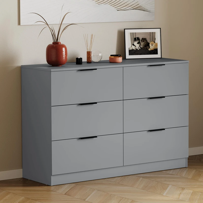 Vida Designs Trega 6 Drawer Chest of Drawers Grey - Wide Space-Saving Bedroom Storage Unit - 80Hx110Wx36Dcm - Anti-Bowing Support, Black Handles, Glide Runners - For Bedroom, Nursery & Guest Room