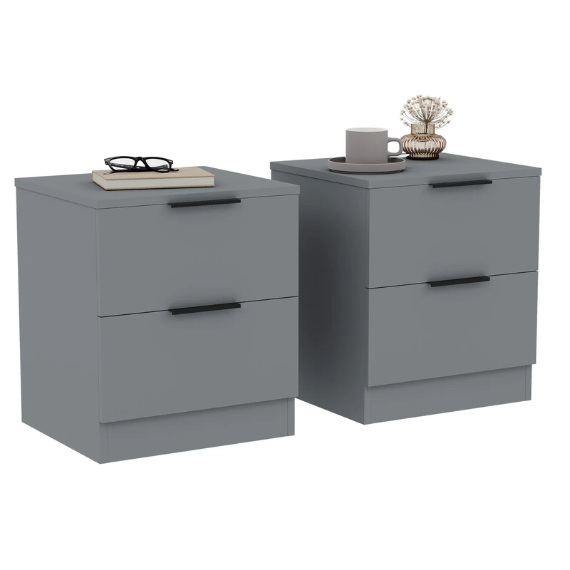 Vida Designs Trega 2 Drawer Bedside Cabinets Set of 2 Grey - Compact Space-Saving Nightstands - 41H x 39W x 28D cm - Engineered Wood - Glide Drawers, Black Handles - Ideal for Bedroom & Guest Room