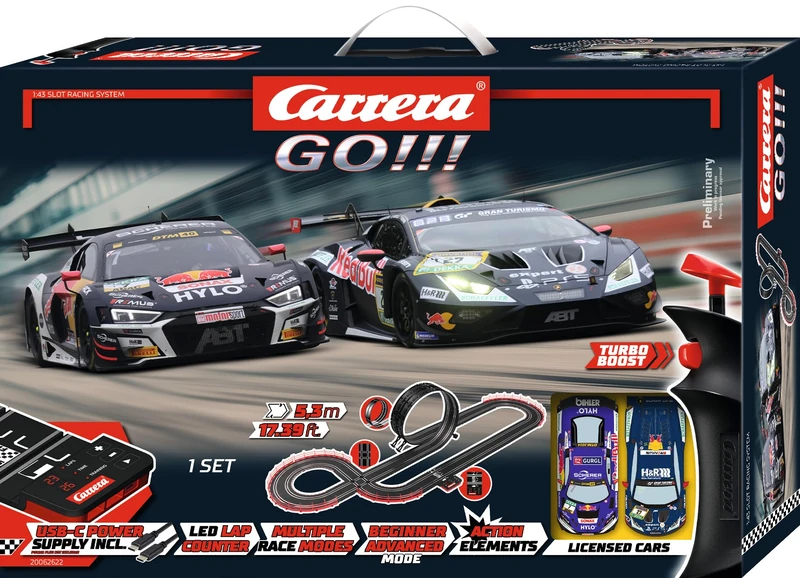 Carrera GO!!! 20062622 Red Bull GT3 Set 1:43 Scale, 5.3 Metres, With Lamborghini Huracán GT3 EVO2 ABT Sportsline, No.27 & Audi R8 LMS GT3 evo II DTM ABT, R. Feller, No.7, Suitable from 6 Years+