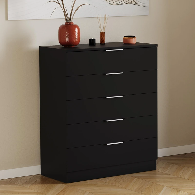 Vida Designs Trega 5 Drawer Chest of Drawers Black - Compact Space-Saving Bedroom Storage Unit - 90Hx66Wx36Dcm - Anti-Bowing Support, Modern Silver Handles, Glide Runners - Ideal for Bedroom & Nursery