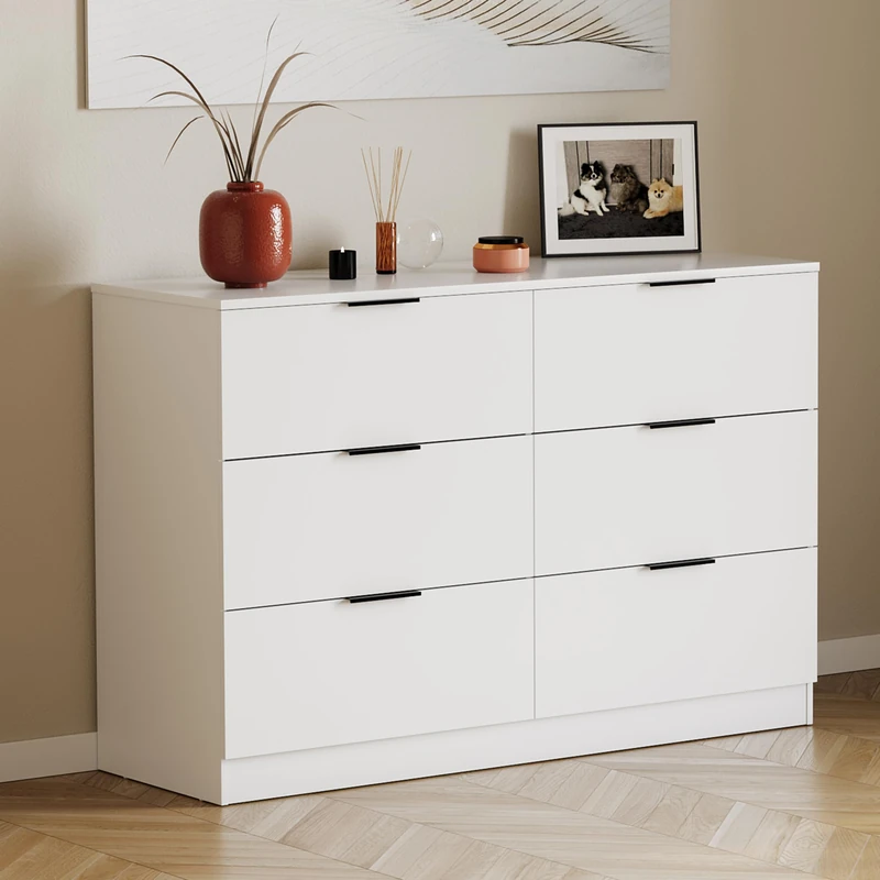 Vida Designs Trega 6 Drawer Chest of Drawers White - Wide Space-Saving Bedroom Storage Unit - 80Hx110Wx36Dcm - Anti-Bowing Support, Black Handles, Glide Runners - For Bedroom, Nursery & Guest Room