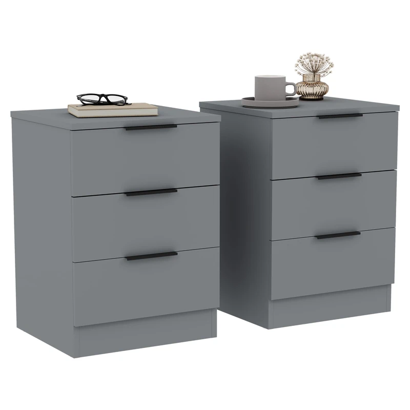 Vida Designs Trega 3 Drawer Bedside Cabinets Set of 2 Grey - Compact Space-Saving Nightstands - 50H x 39W x 28D cm - Engineered Wood - Glide Drawers, Black Handles - Ideal for Bedroom & Guest Room