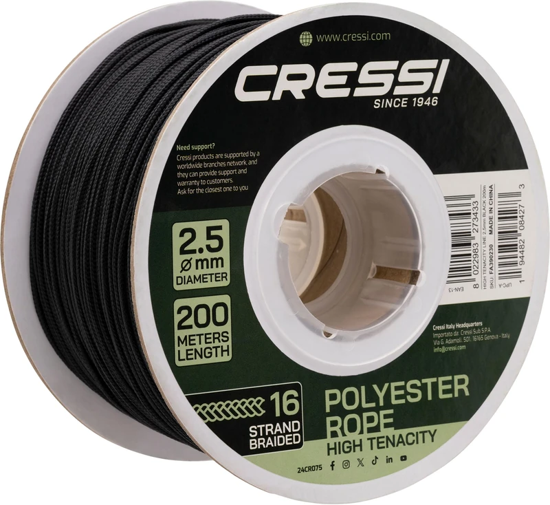 Cressi since 1946 - Line for Reel Ø2.5mm Black 200m - Spool High Tenacity Polyester Cable/Line Ideal for Spearfishing Equipment, Unisex
