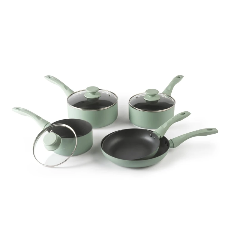 Progress Neutrals 5-Piece Pan Set – Includes 20cm & 24cm Fry Pans and 16, 18 & 20cm Saucepans, Non-Stick Recycled Aluminium Body, Easy-Clean Design, Tempered Glass Lids with Steam Vents