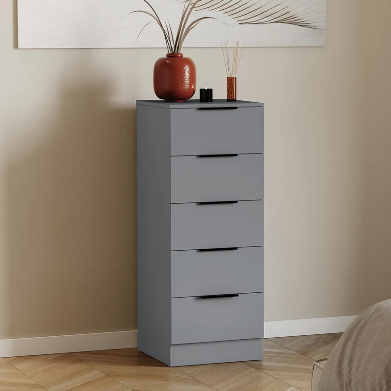 Vida Designs Trega 5 Drawer Narrow Chest of Drawers Grey - Slim Space-Saving Bedroom Storage Unit - 90Hx34.5Wx36Dcm - Anti-Bowing Support, Black Handles, Glide Runners - For Small Rooms & Nursery