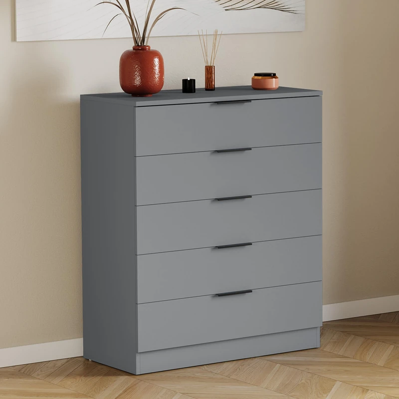 Vida Designs Trega 5 Drawer Chest of Drawers Grey - Compact Space-Saving Bedroom Storage Unit - 90Hx66Wx36Dcm - Anti-Bowing Support, Modern Black Handles, Glide Runners - Ideal for Bedroom & Nursery
