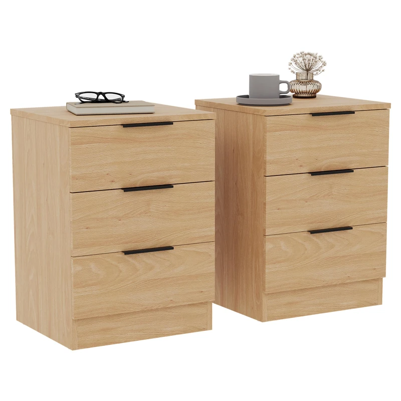 Vida Designs Trega 3 Drawer Bedside Cabinets Set of 2 Pine - Compact Space-Saving Nightstands - 50H x 39W x 28D cm - Engineered Wood - Glide Drawers, Black Handles - Ideal for Bedroom & Guest Room