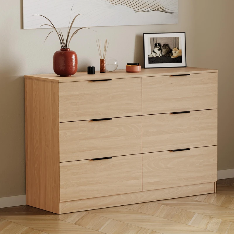 Vida Designs Trega 6 Drawer Chest of Drawers Pine - Wide Space-Saving Bedroom Storage Unit - 80Hx110Wx36Dcm - Anti-Bowing Support, Black Handles, Glide Runners - For Bedroom, Nursery & Guest Room