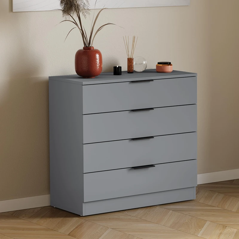 Vida Designs Trega 4 Drawer Chest of Drawers Grey - Compact Space-Saving Bedroom Storage Unit - 74Hx66Wx36Dcm - Anti-Bowing Support, Modern Black Handles, Glide Runners - Ideal for Bedroom & Nursery