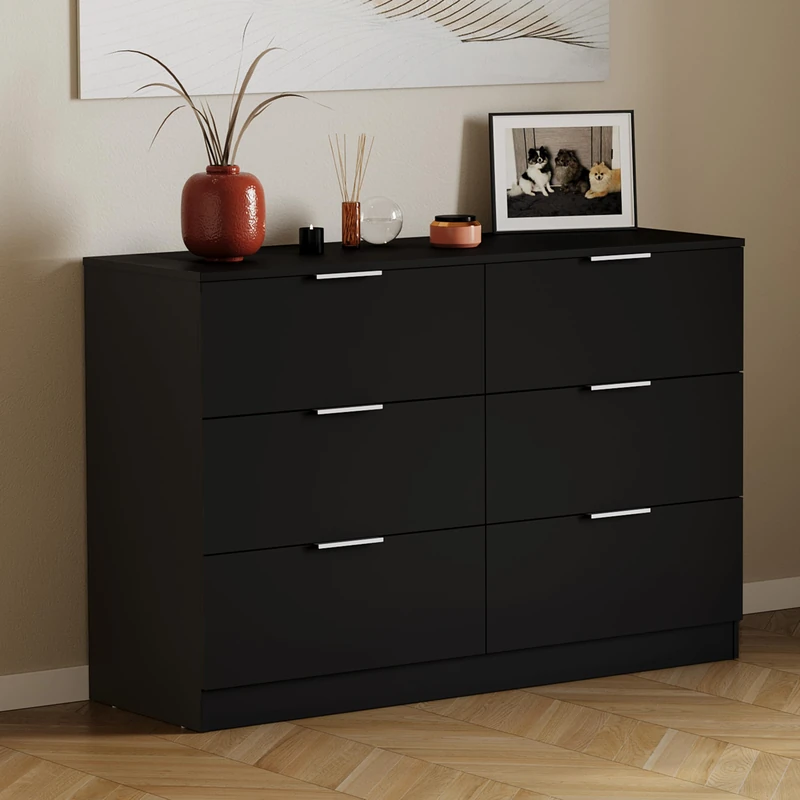 Vida Designs Trega 6 Drawer Chest of Drawers Black - Wide Space-Saving Bedroom Storage Unit - 80Hx110Wx36Dcm - Anti-Bowing Support, Silver Handles, Glide Runners - For Bedroom, Nursery & Guest Room