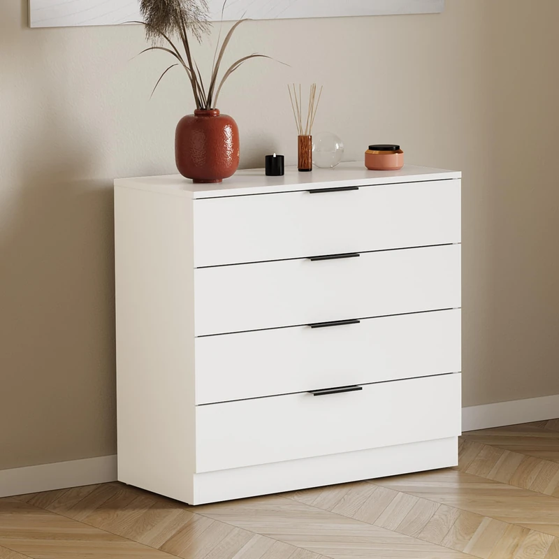 Vida Designs Trega 4 Drawer Chest of Drawers White - Compact Space-Saving Bedroom Storage Unit - 74Hx66Wx36Dcm - Anti-Bowing Support, Modern Black Handles, Glide Runners - Ideal for Bedroom & Nursery
