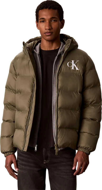 Calvin Klein Men Ls Ltwt Nylon Padded Hooded Puff LV04RG513G Jackets, BEIGE (Dusty Olive), L