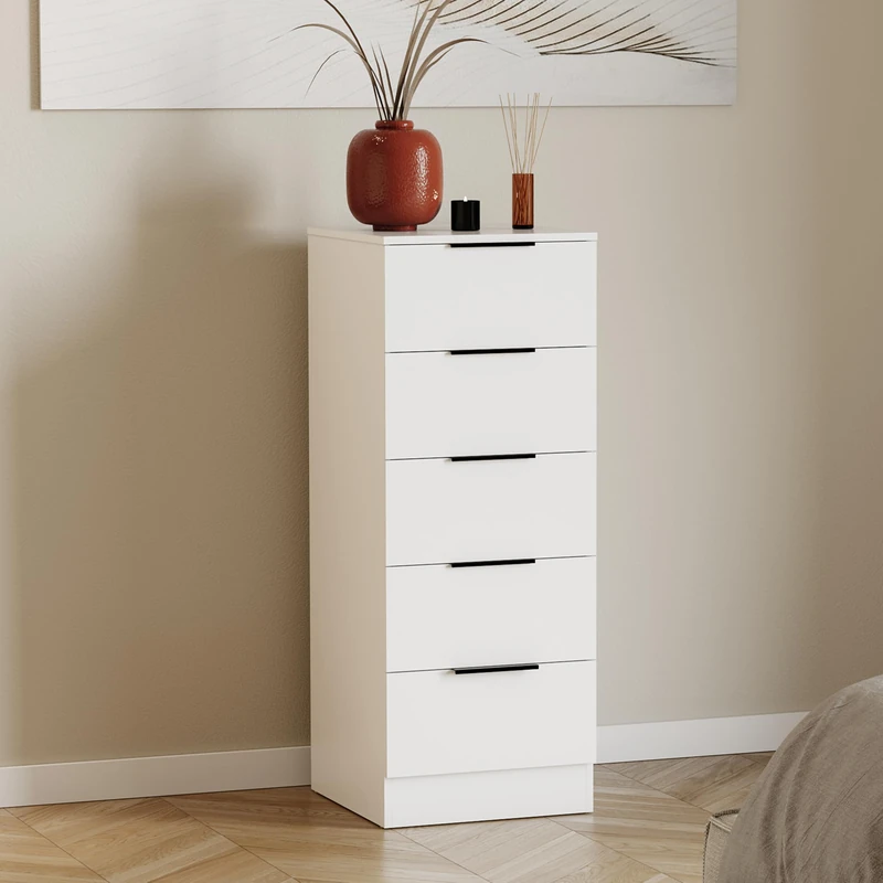 Vida Designs Trega 5 Drawer Narrow Chest of Drawers White - Slim Space-Saving Bedroom Storage Unit - 90Hx34.5Wx36Dcm - Anti-Bowing Support, Black Handles, Glide Runners - For Small Rooms & Nursery