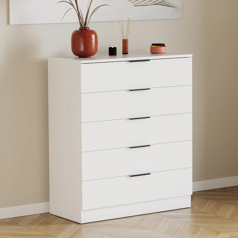 Vida Designs Trega 5 Drawer Chest of Drawers White - Compact Space-Saving Bedroom Storage Unit - 90Hx66Wx36Dcm - Anti-Bowing Support, Modern Black Handles, Glide Runners - Ideal for Bedroom & Nursery