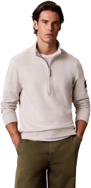 Calvin Klein Men Ls Eu 350Terry Badge Qtr Zip LV04RJ203G Sweatshirts, WHITE (Moonstruck), L