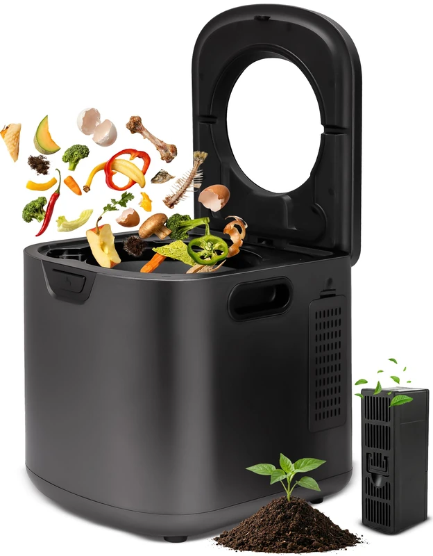 NutriChef Electric Kitchen Composter – Indoor Food Waste Composter Bin, Odourless Countertop Design, Carbon Filter System, Quiet Operation, Home Composting Solution, Grey
