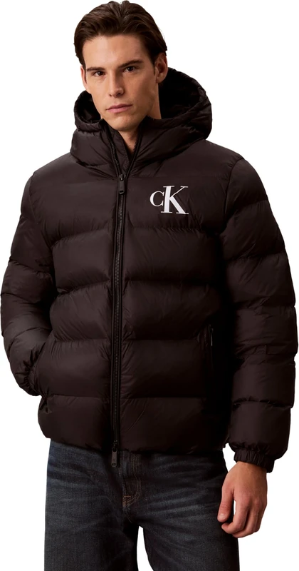 Calvin Klein Men Ls Ltwt Nylon Padded Hooded Puff LV04RG513G Jackets, BLACK (Black), M