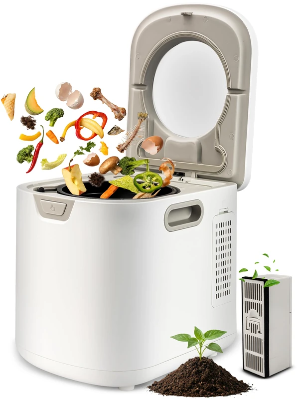 NutriChef Electric Kitchen Composter – Indoor Food Waste Composter Bin, Odourless Countertop Design, Carbon Filter System, Quiet Operation, Home Composting Solution, White