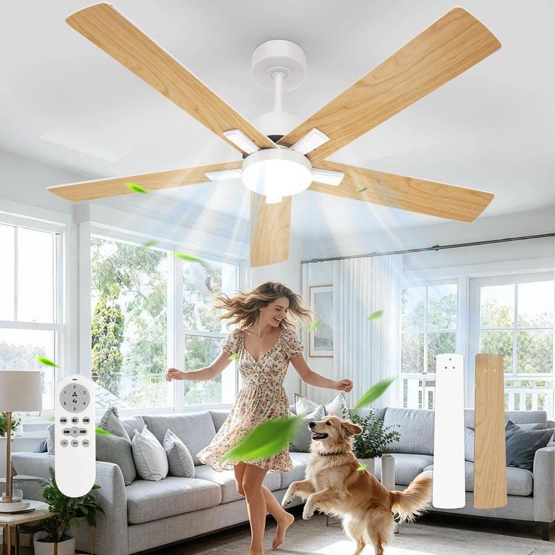 Comely Ceiling Fan 132 cm with LED Light Remote Control, 6 Silent Speed, 3 Colour Temperatures, DC Motor Reversible Summer/Winter, Ceiling Fan Bedroom Kitchen, Light Wood