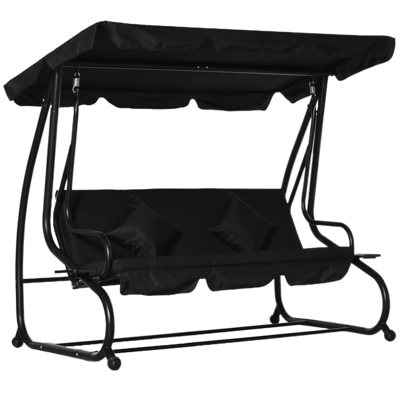 Outsunny 2-in-1 Garden Swing Seat Bed, 3 Seater Convertible Swing Chair Bench with Tilting Canopy, Cushioned Seat, 2 Cup Holders and 2 Pillows for Patio, Garden, Black - Image 1