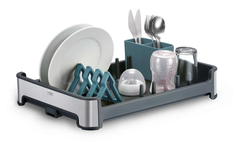 EKO Regal Dish Rack, Self-Draining Dish Drying Rack with Cutlery Holder, Foldable Plate Rack, Compact Kitchen Dish Drainer for Worktop, Sink & Draining Board, Brushed Finish