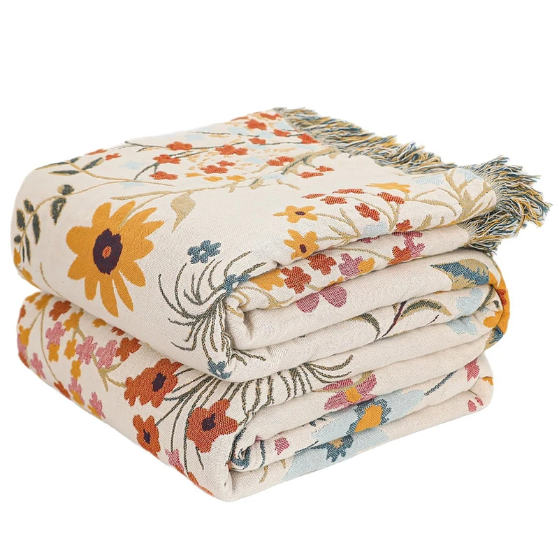 Queen Size Throw Blanket for Bed 100% Cotton Boho Oversized Soft Cozy Muslin Quilt Blanket Double Bird and Florals, Vintage Farmhouse Cottage Woven Blankets for Bedding Couch,Colorful Floral,80"×90"