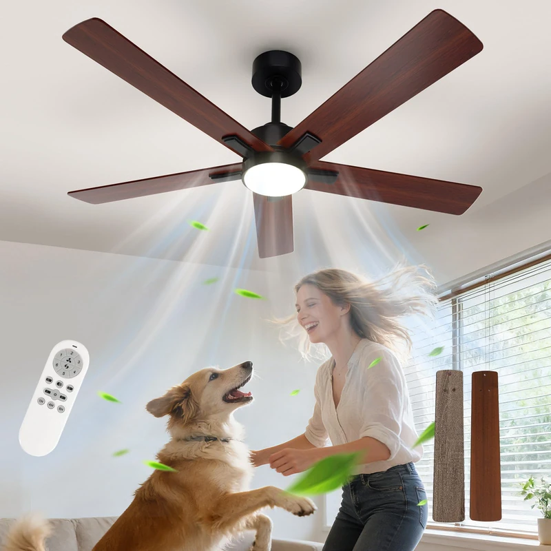 Comely 52" Ceiling Fan with LED Light Remote Control, 6 Speeds Quiet, 3 Colour Temperatures, DC Motor Reversible Summer/Winter, Ceiling Fan, Bedroom Living Room, Kitchen, Walnut