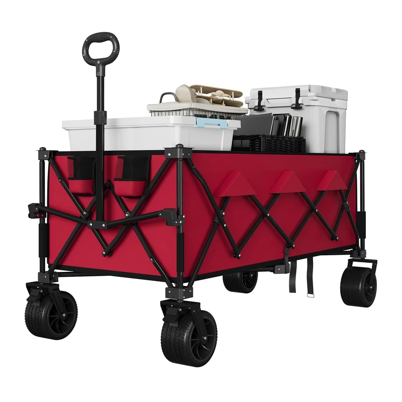 Folding Beach Cart 350L 208 kg, All-Terrain Trolley with Large Wheels for Camping, Garden and Shopping, Red - Image 1