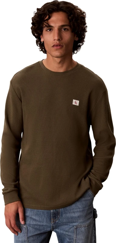 Calvin Klein Men Ls Waffle Badge Crewnk Tee Lv040Em217 Tees, Beige (Olive Night), M - Image 1