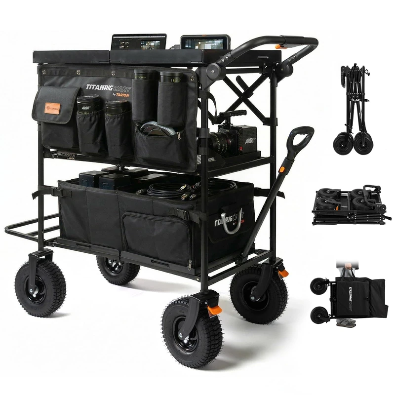 TARION Video Production Camera Cart - Foldable Cart for Photographers with Heavy Duty 440 lbs Load Capacity & Saddle Bag & Foldable Storage Box & Three Shelf & 360° Swivel Wheels (Titanrig Cart Pro) - Image 1