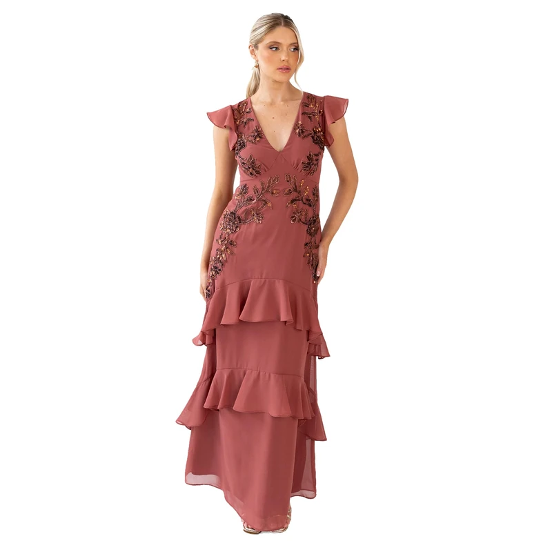 Maya Deluxe Women's Maxi Dress Ladies V-Neck Cap Sleeve Ruffle Tiered Floral Sequin Embellished A-line Bridesmaid Prom Evening Gown, Copper Rose 28