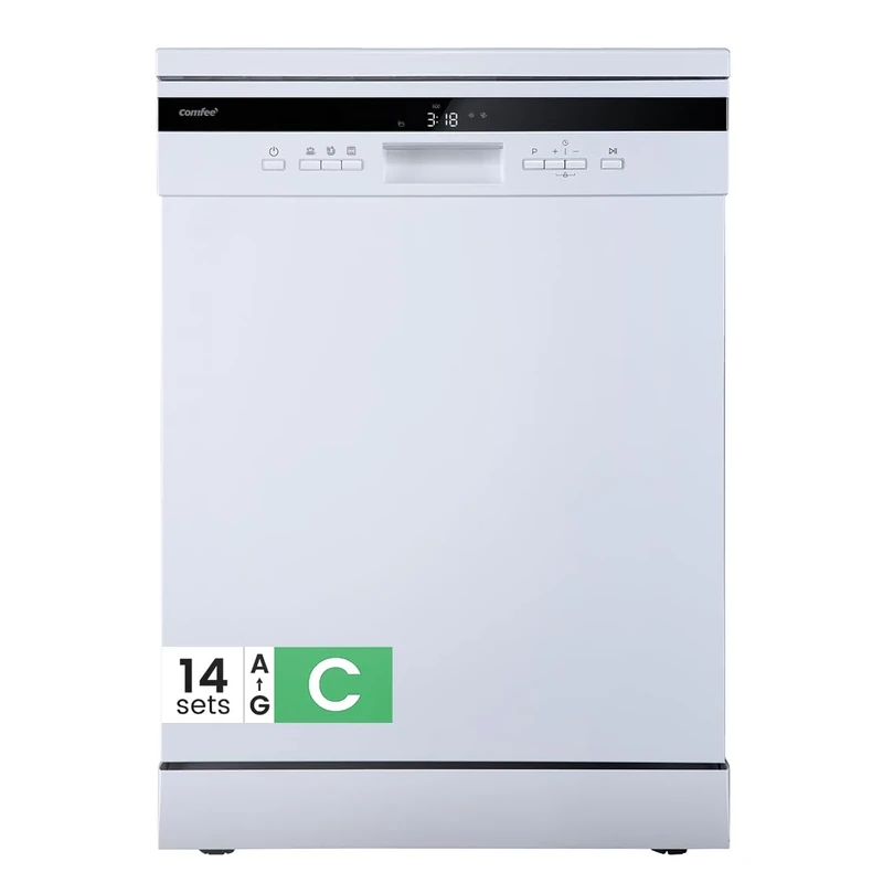 COMFEE' Freestanding Dishwasher with 14 Place Settings, 44dB Quiet Full Size Dishwashers, CDWEF1435EWC-UK, ECO Wash, Auto Open Drying, Half Load, Delay Start, Wide LED Display, White