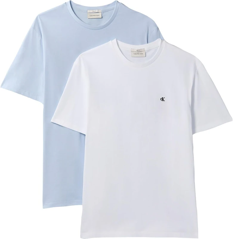 Calvin Klein Men Ss Classic Monogram Tee 2Pk Lv04Rd001G Tees, Multi (Bright White/Breezy Blue), M