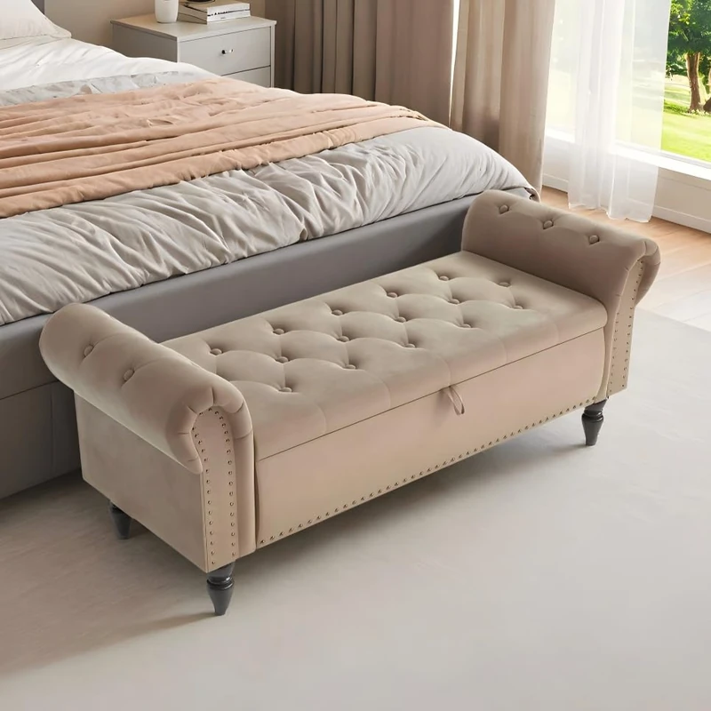 Clevich Ottoman Storage Bench, Velvet End of Bed Storage Box with Lid, Sturdy Wood Legs Footrest, 168KG Load Capacity, Sofa Bench for Bedroom/Living Room, 133x53x46cm