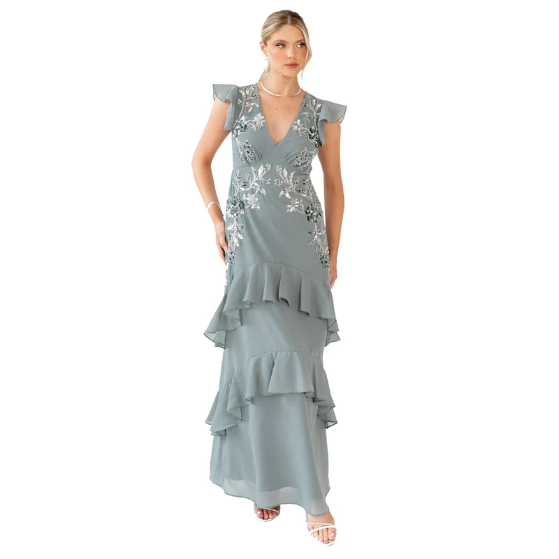 Maya Deluxe Women's Maxi Dress Ladies V-Neck Cap Sleeve Ruffle Tiered Floral Sequin Embellished A-line Bridesmaid Prom Evening Gown, Misty Green 6