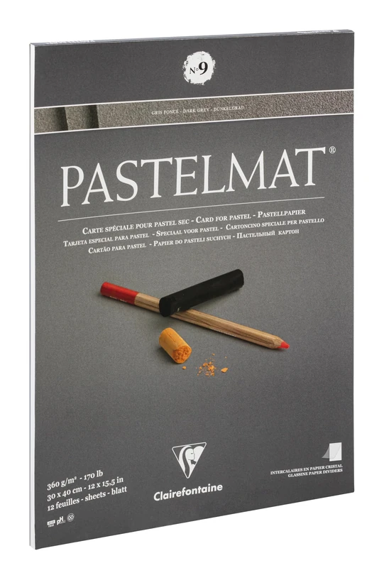 Clairefontaine 96215C Bloc Collé Pastelmat n°9-12 Feuilles Carte Spéciale Pour Pastels Secs - 30x40 cm 360g - Gris Foncé - Intercalaires en Papier Cristal