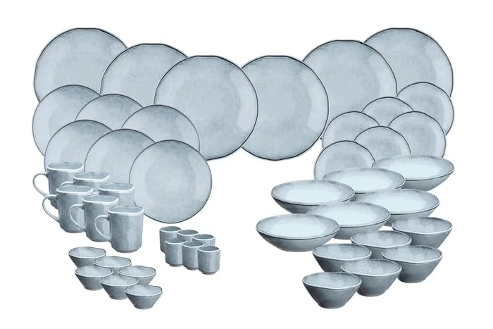 Cloud Storm Grey SR-COCLG26 Bjorn, 48-Piece Crockery Set, Stoneware with Reactive Glaze, Light Grey, Complete Service for 6 People, Dishwasher and Microwave Safe