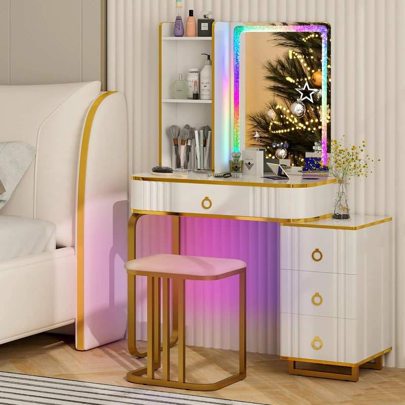RELAX4LIFE Dressing Table Set with RGB LED Lights Mirror, Makeup Table with Charging Station, Cushioned Stool and Drawers Cabinet, Cosmetic Bedroom Dresser Vanity Desk (White)