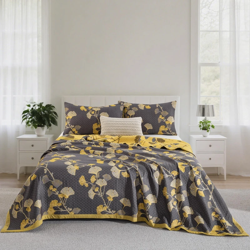 Purefair 100% Cotton Muslin Jacquard 3 Piece Quilt Set Floral Ginkgo Leaf Print, Soft 3 Layers Gauze Bed Cover Reversible Bedspread Coverlet Breathable Lightweight Bedding Set, King