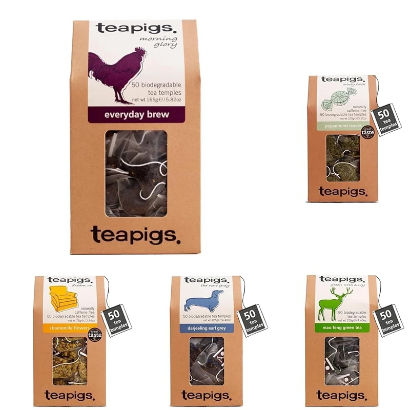 teapigs Big Bestsellers Bundle - English Breakfast, Peppermint, Mao Feng, Darjeeling Earl Grey & Chamomile Tea Bags - Black & Herbal Tea Bundle - 5x50 Temples