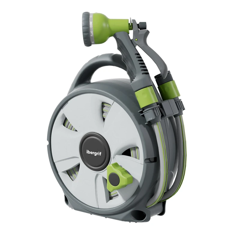 Ibergrif M22220 Garden Hose Reel 10M, Hose Pipe Reel with 8 Adjustable Spray Gun Nozzles, Compact and Portable, for Watering Garden, Flowers, Cars