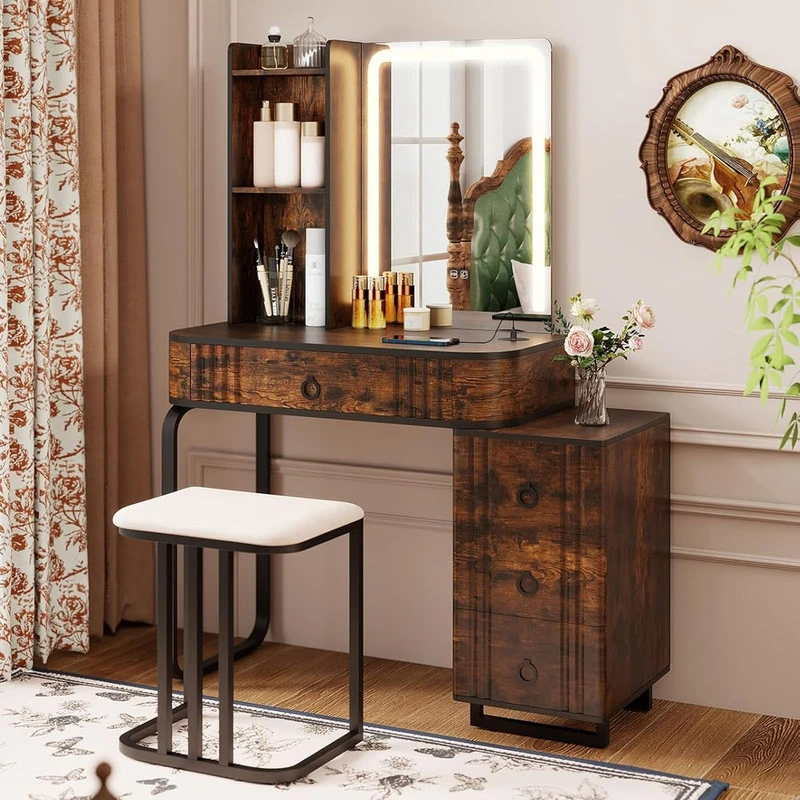 RELAX4LIFE Dressing Table Set with RGB LED Lights Mirror, Makeup Table with Charging Station, Cushioned Stool and Drawers Cabinet, Cosmetic Bedroom Dresser Vanity Desk (Rustic Brown)