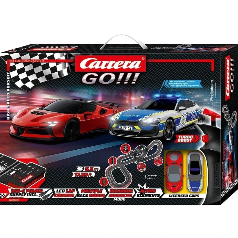 Carrera GO!!! 20062626 High Speed Pursuit 1:43 Scale Slot Car Racing Set, 5.3 Metres, With Ferrari SF90 XX Stradale - Rosso Corsa & Audi e-tron GT Polizei, Suitable from 6 Years+ - Image 1
